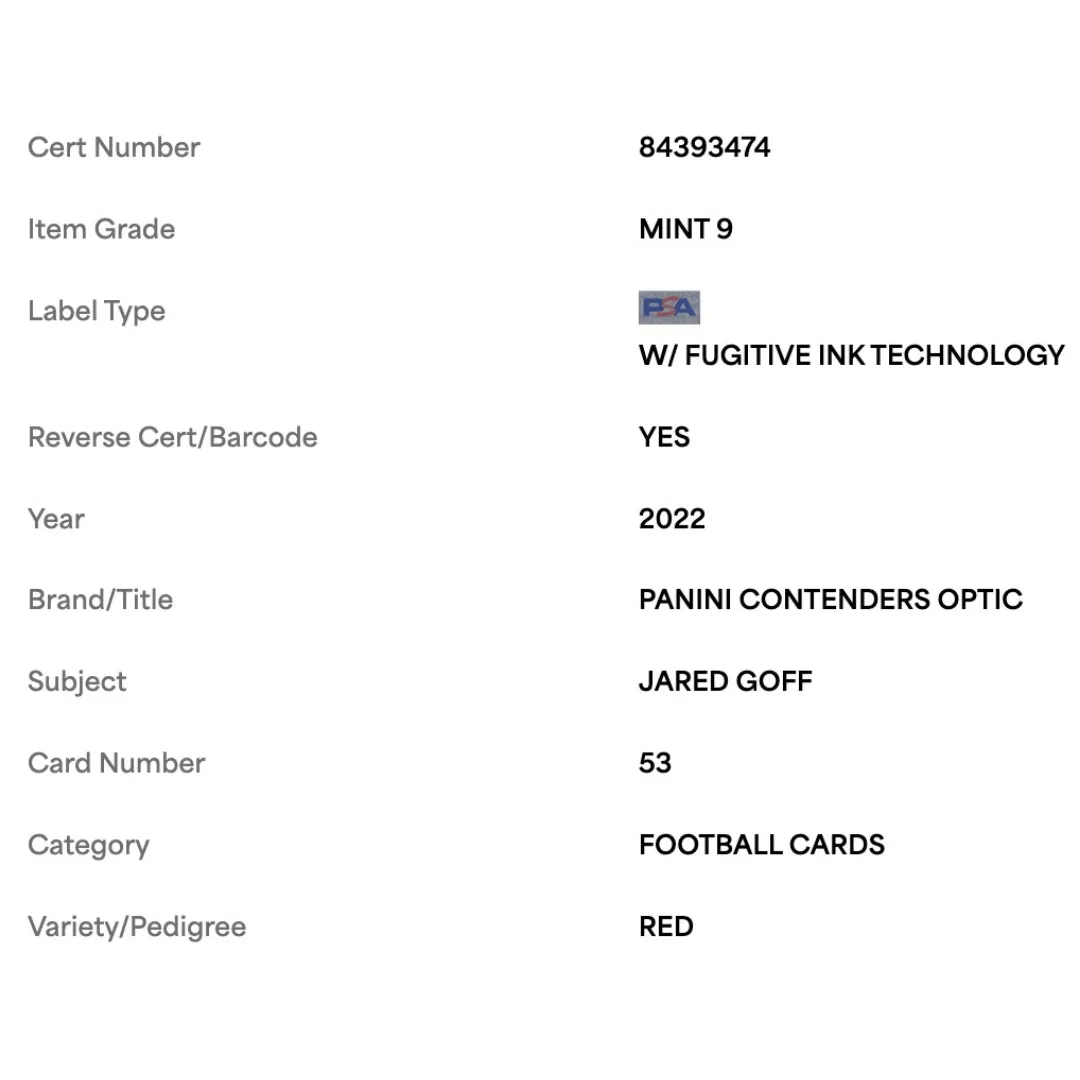 Jared Goff PSA 9 2022 Panini Contenders Optic Red #d/ 175 Card #53