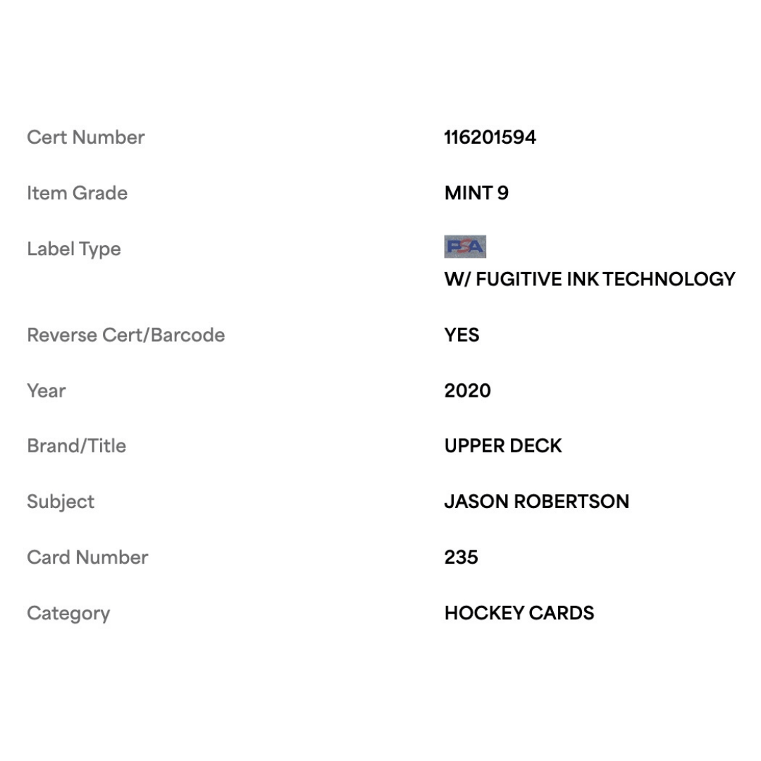 Jason Robertson PSA 9 2020 Upper Deck Young Guns Card #235