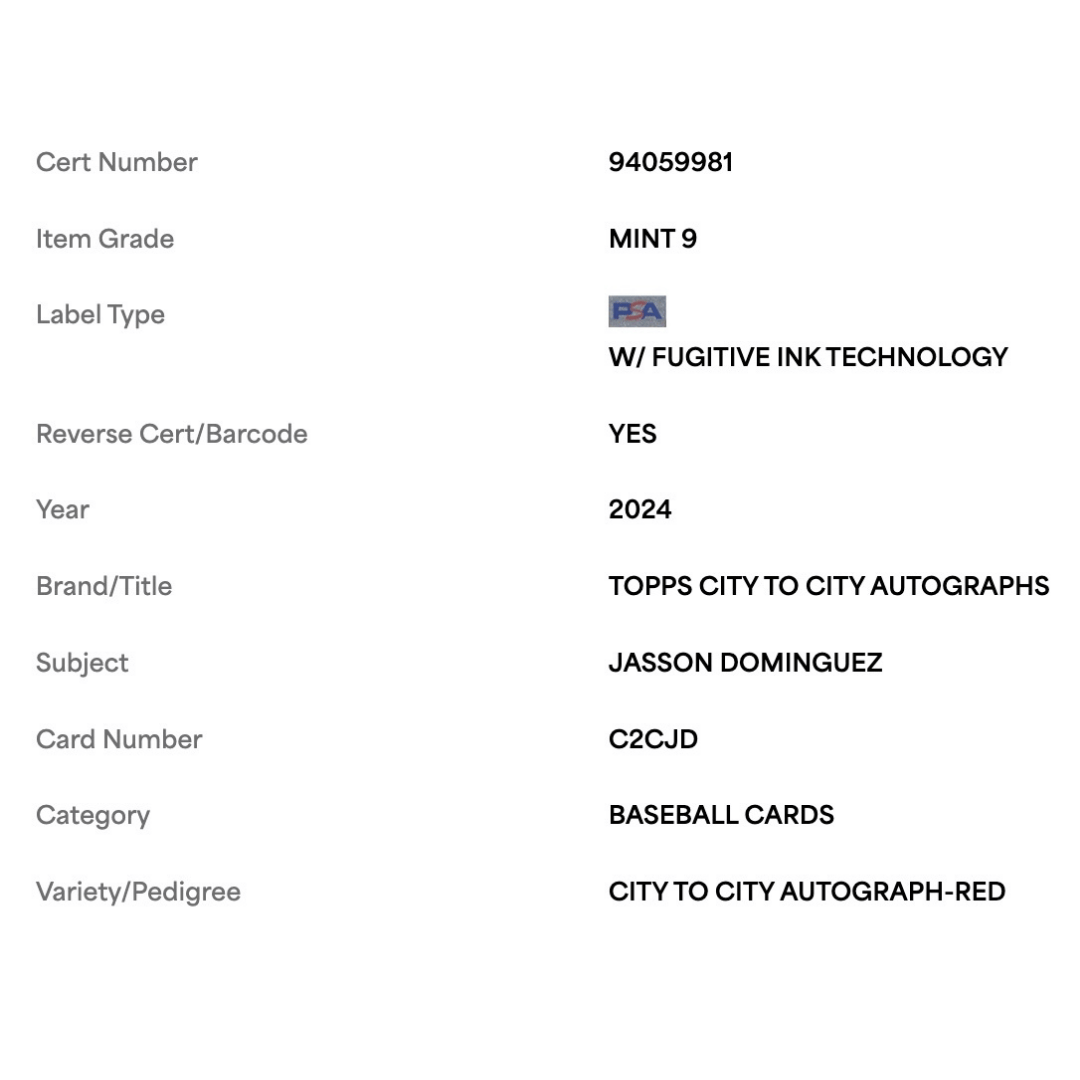 Jasson Dominguez PSA 9 2024 Topps City to City Autograph Red Rookie RC #d/ 25 Card #C2CJD