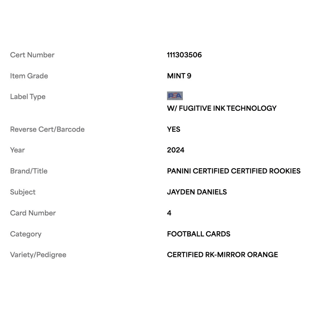Jayden Daniels PSA 9 2024 Panini Certified Rookie Mirror Orange Rookie RC Card #4