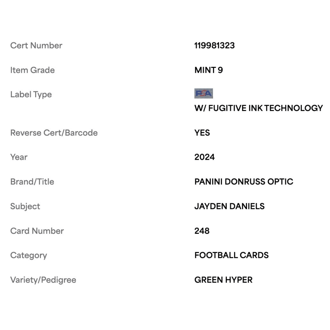 Jayden Daniels PSA 9 2024 Panini Donruss Optic Green Hyper Rated Rookie Card #248