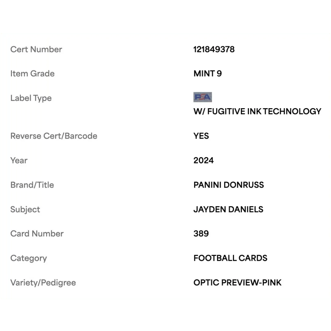 Jayden Daniels PSA 9 2024 Panini Donruss Optic Preview Pink Rated Rookie Card #389