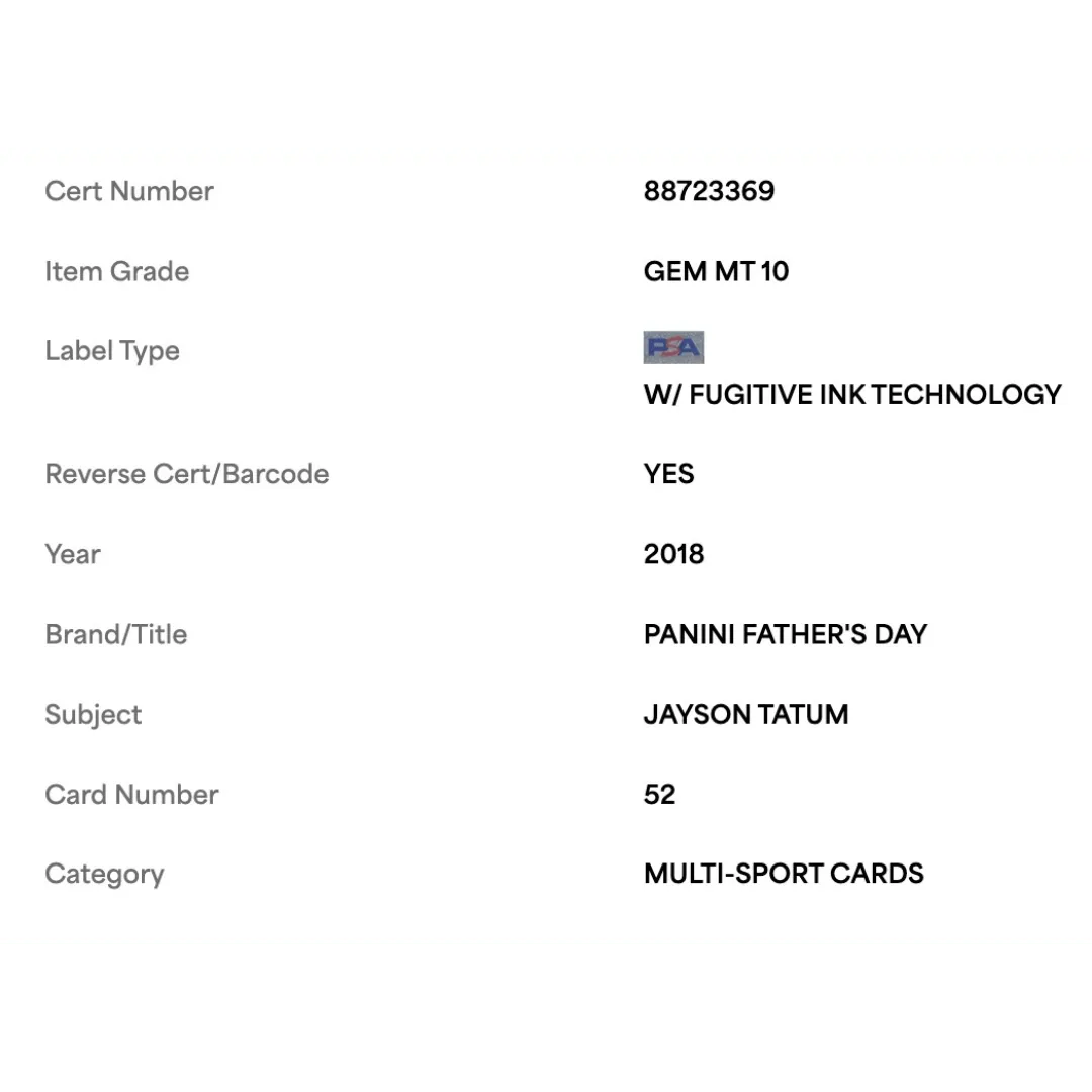 Jayson Tatum PSA 10 2018 Panini Father's Day Card #52