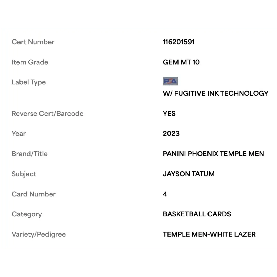 Jayson Tatum PSA 10 2023 Panini Phoenix Temple Men White Lazer #d /150 Card #4