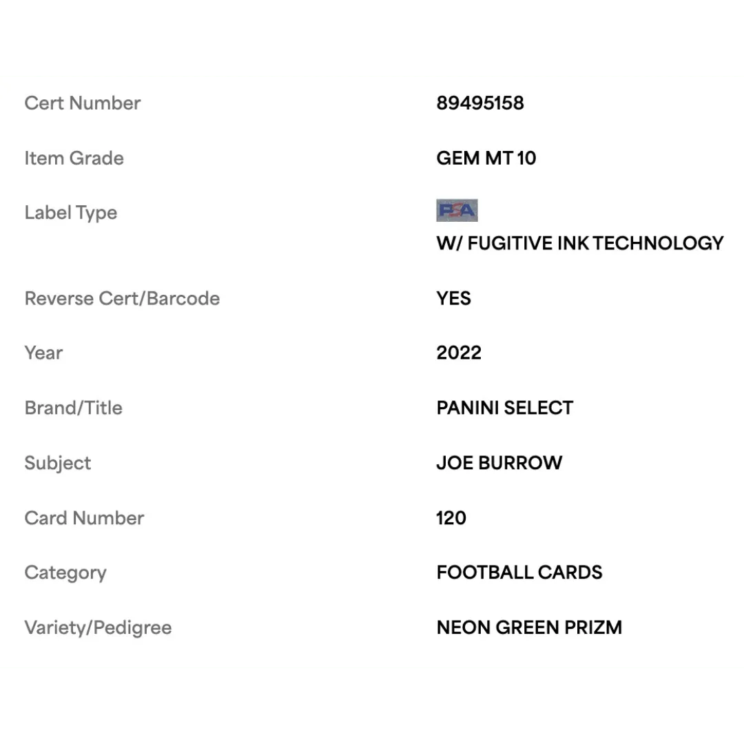 Joe Burrow PSA 10 2022 Panini Select Neon Green Prizm #d/ 49 Card #120
