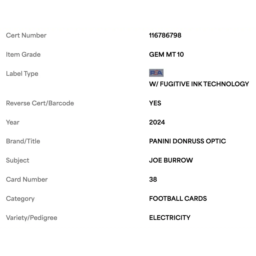 Joe Burrow PSA 10 2024 Panini Donruss Optic Electricity #d/ 75 Card #38