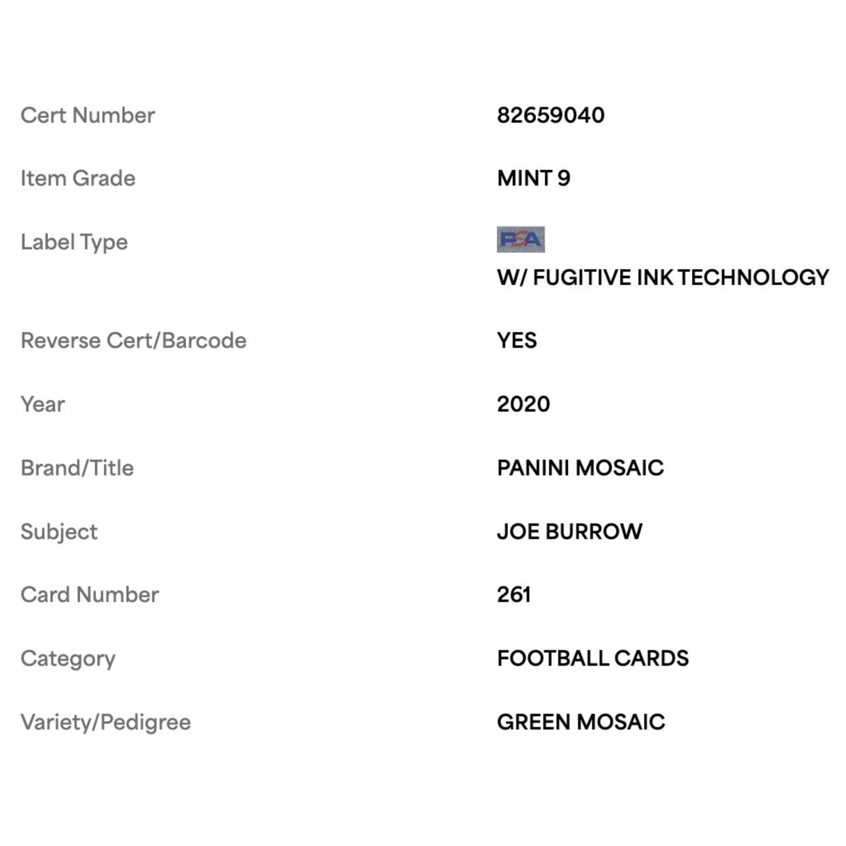 Joe Burrow PSA 9 2020 Panini Mosaic Green Mosaic Rookie RC Card #261