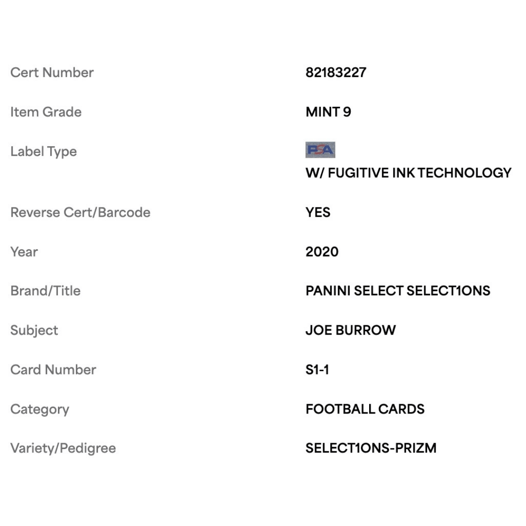 Joe Burrow PSA 9 2020 Panini Select Select1ons Prizm Card #S1-1