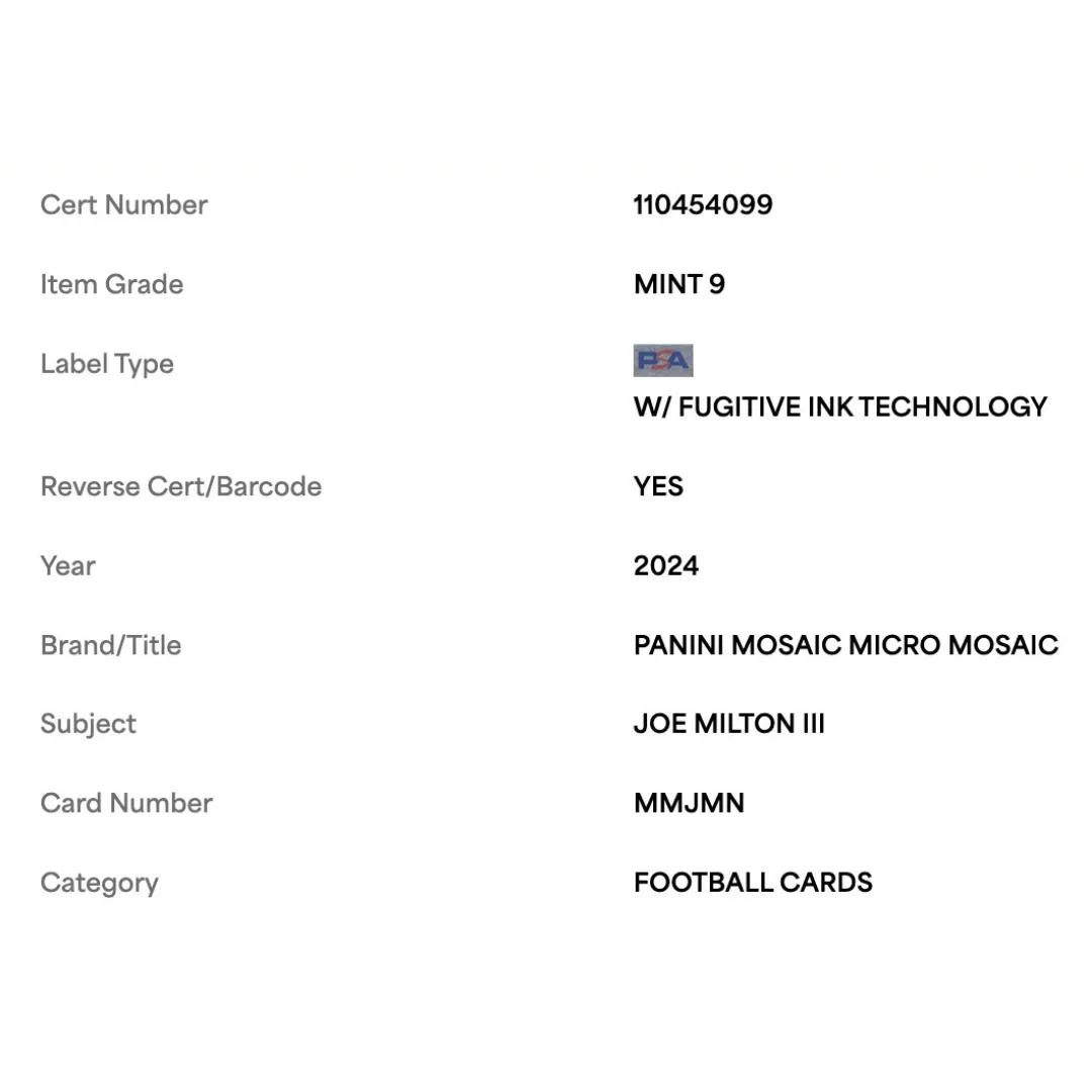 Joe Milton II PSA 9 2024 Panini Mosaic Micro Rookie RC Card #MMJMN