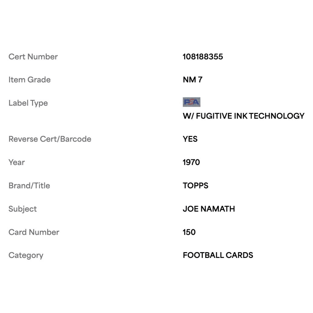 Joe Namath PSA 7 1970 Topps Card #150