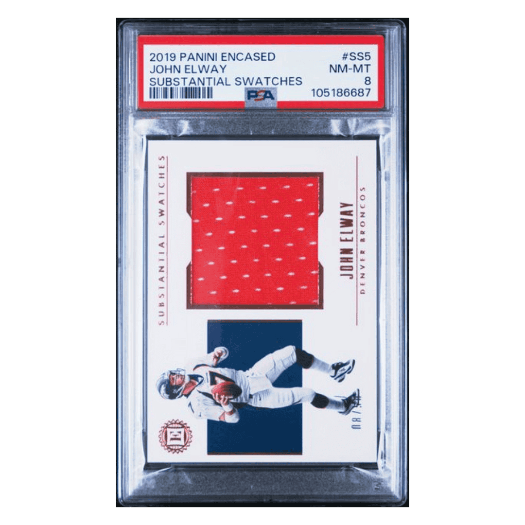 John Elway PSA 8 2019 Panini Encased Substantial Swatches #d/ 50 Card #SS5