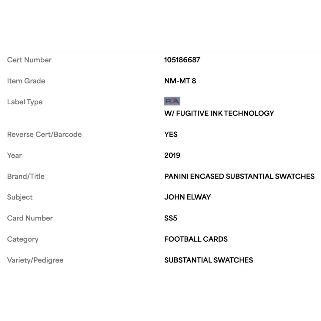 John Elway PSA 8 2019 Panini Encased Substantial Swatches #d/ 50 Card #SS5