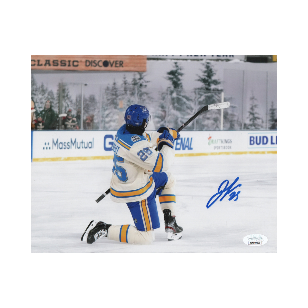 Jordan Kyrou St Louis Blues Autographed Winter Classic Goal Celebration 8x10 Photo - JSA COA