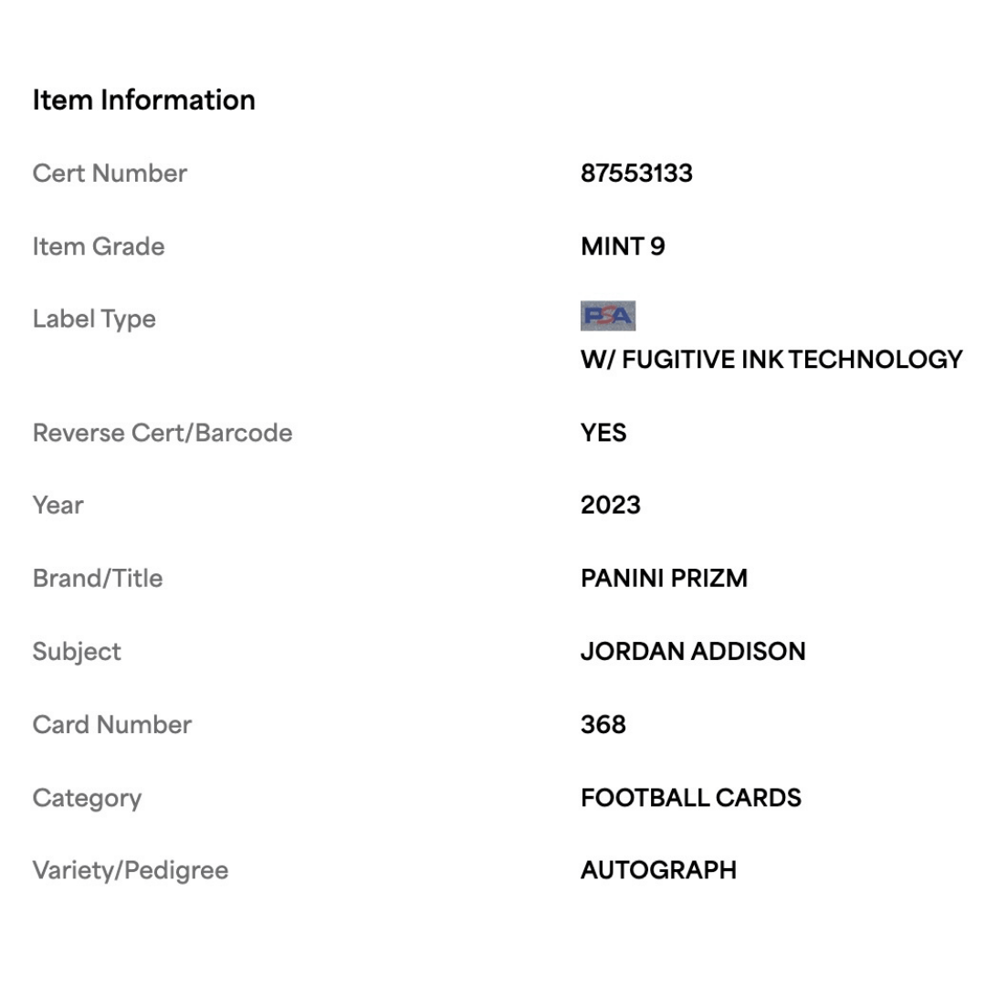 Jordan Addison PSA 9 2023 Panini Prizm Autograph Rookie RC Card #368