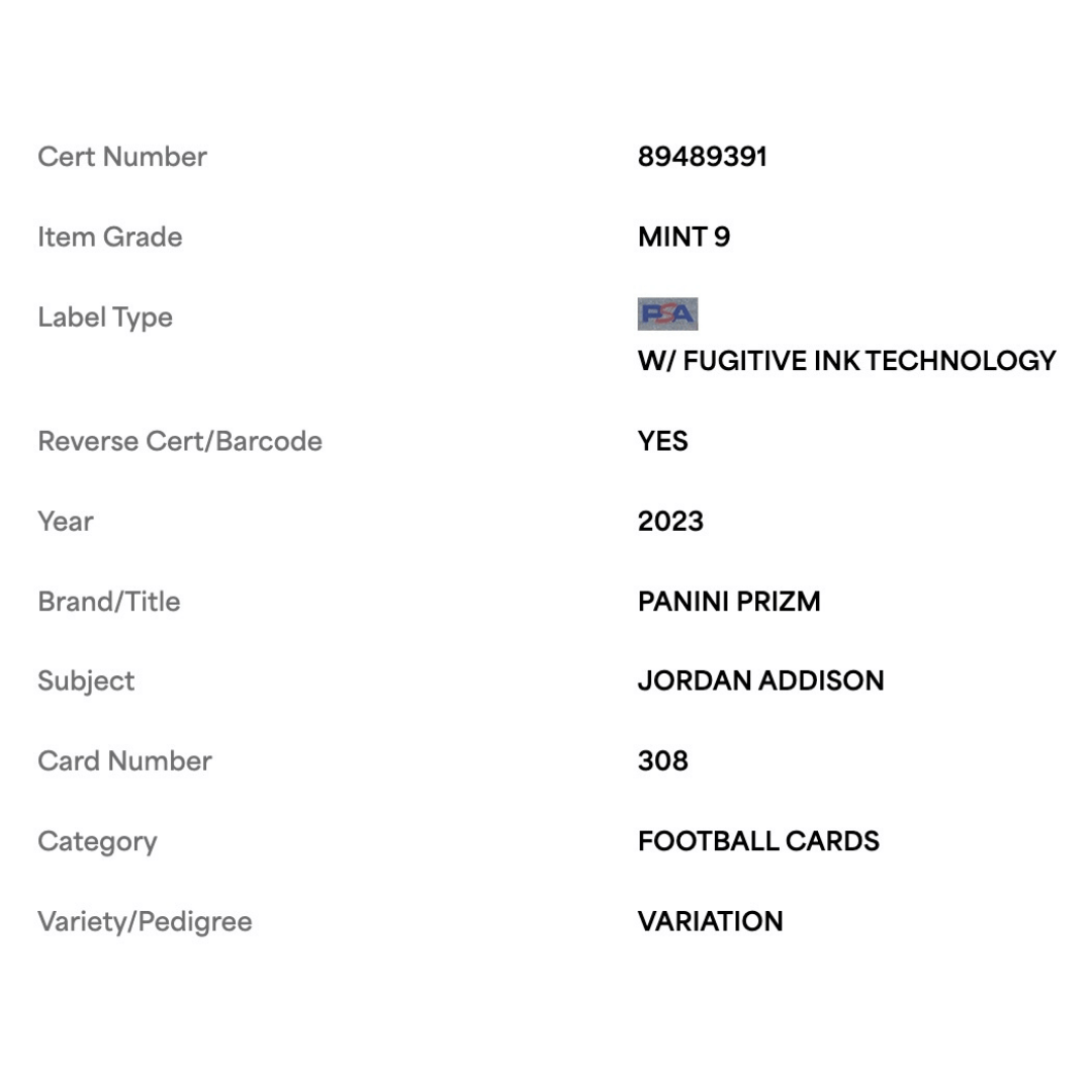 Jordan Addison PSA 9 2023 Panini Prizm Variation Rookie RC Card #308