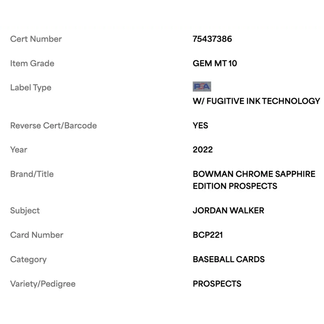 Jordan Walker PSA 10 2022 Bowman Chrome Sapphire Edition Prospects Card #BCP221