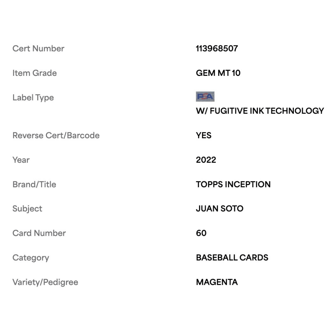 Juan Soto PSA 10 2022 Topps Inception Magenta #d/99 Card #60