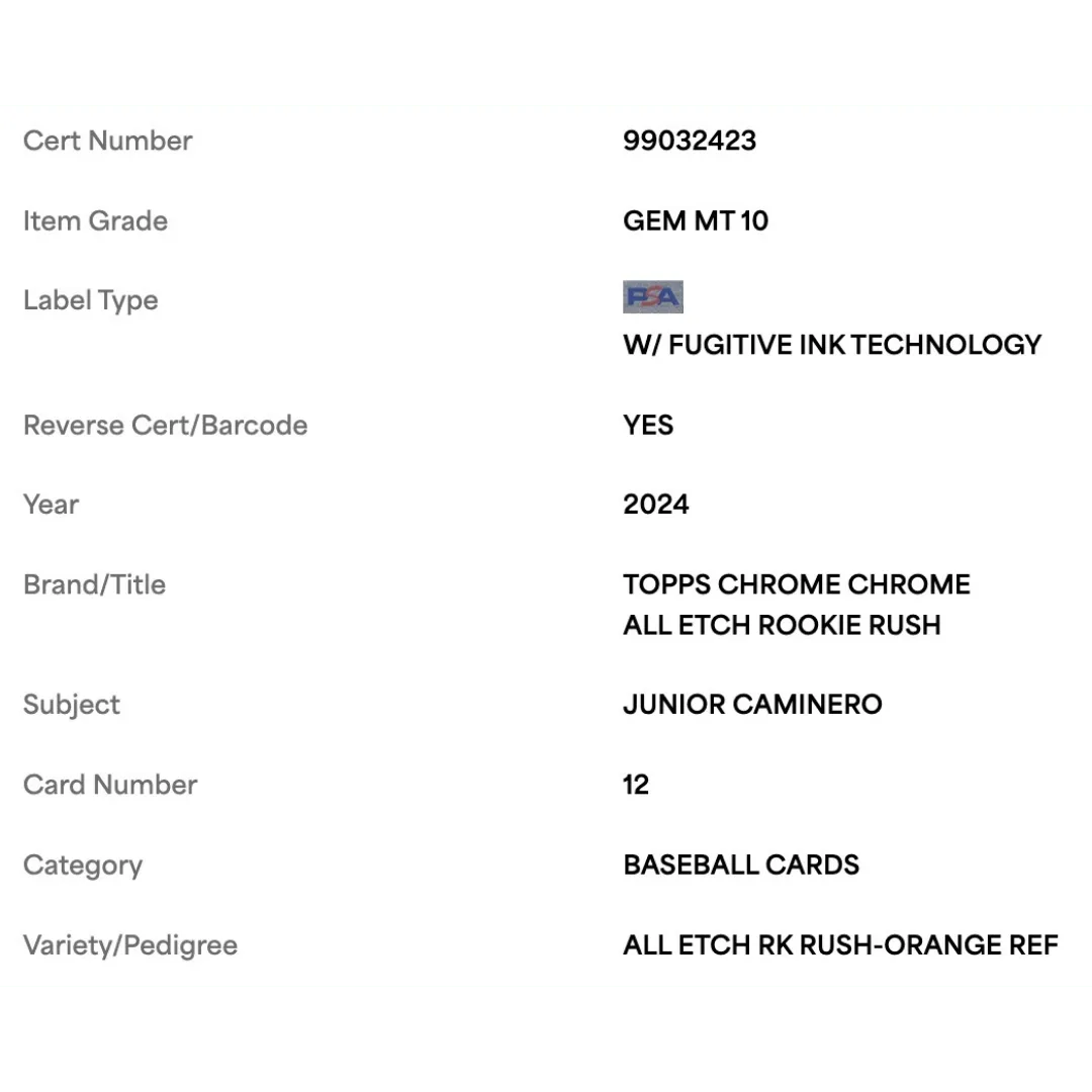 Junior Caminero PSA 10 2024 Topps Chrome All Etch Rookie Rush Orange Refractor #d/ 25 Card #12