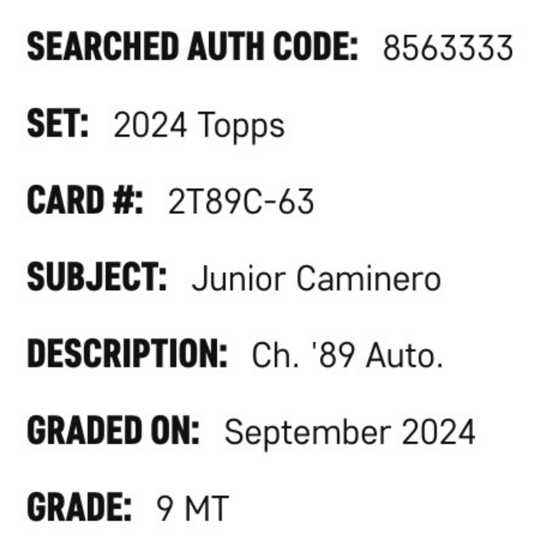 Junior Caminero SGC 9 2024 Topps Chrome '89 Design Autographed Rookie RC Card #2T89C-63