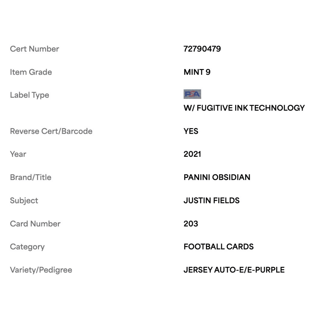 Justin Fields PSA 9 2021 Panini Obsidian Jersey Patch Auto Electric Etch Purple Rookie RC #d/40 Card #203