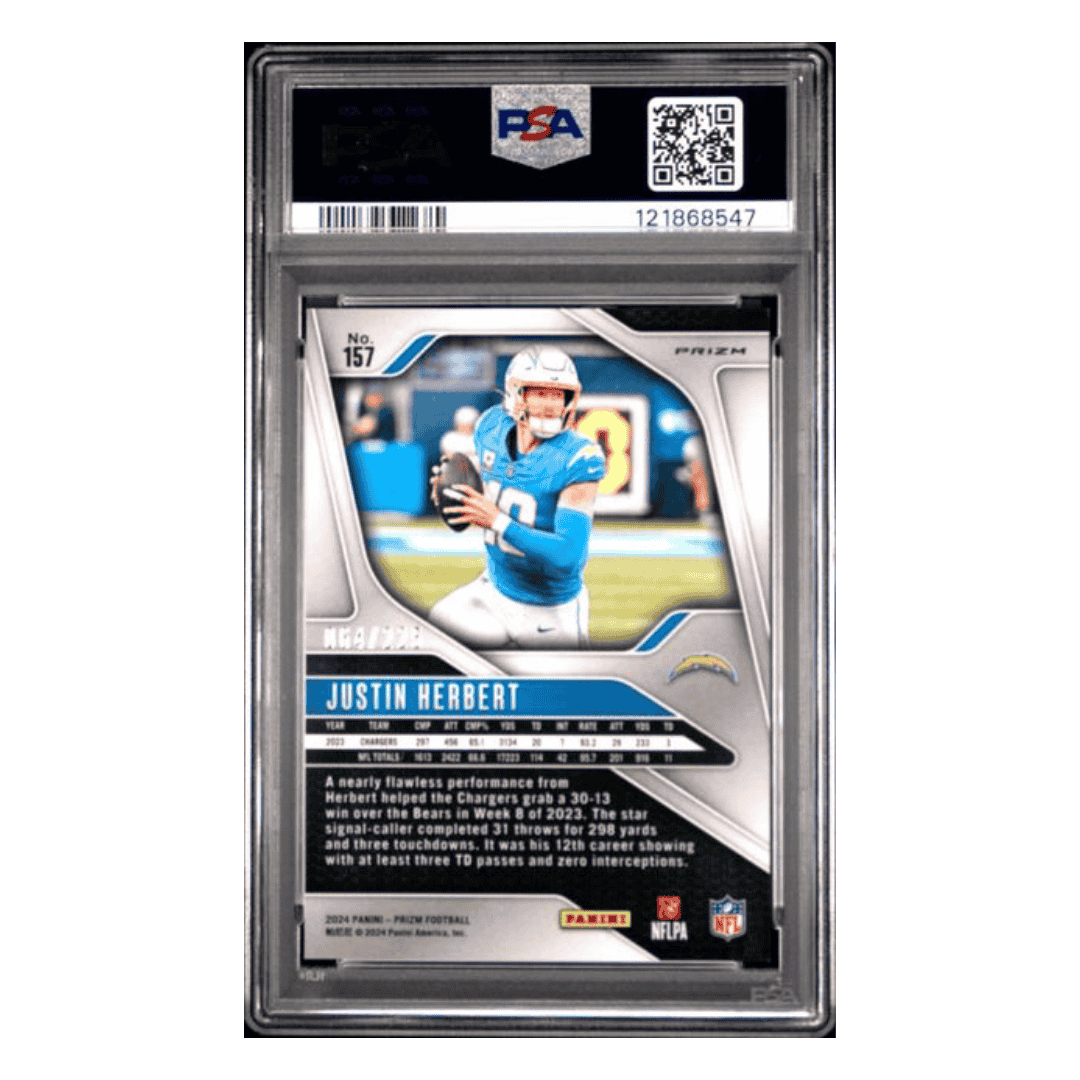 Justin Herbert PSA 8 2024 Panini Prizm Purple Ice #d/ 225 Card #157