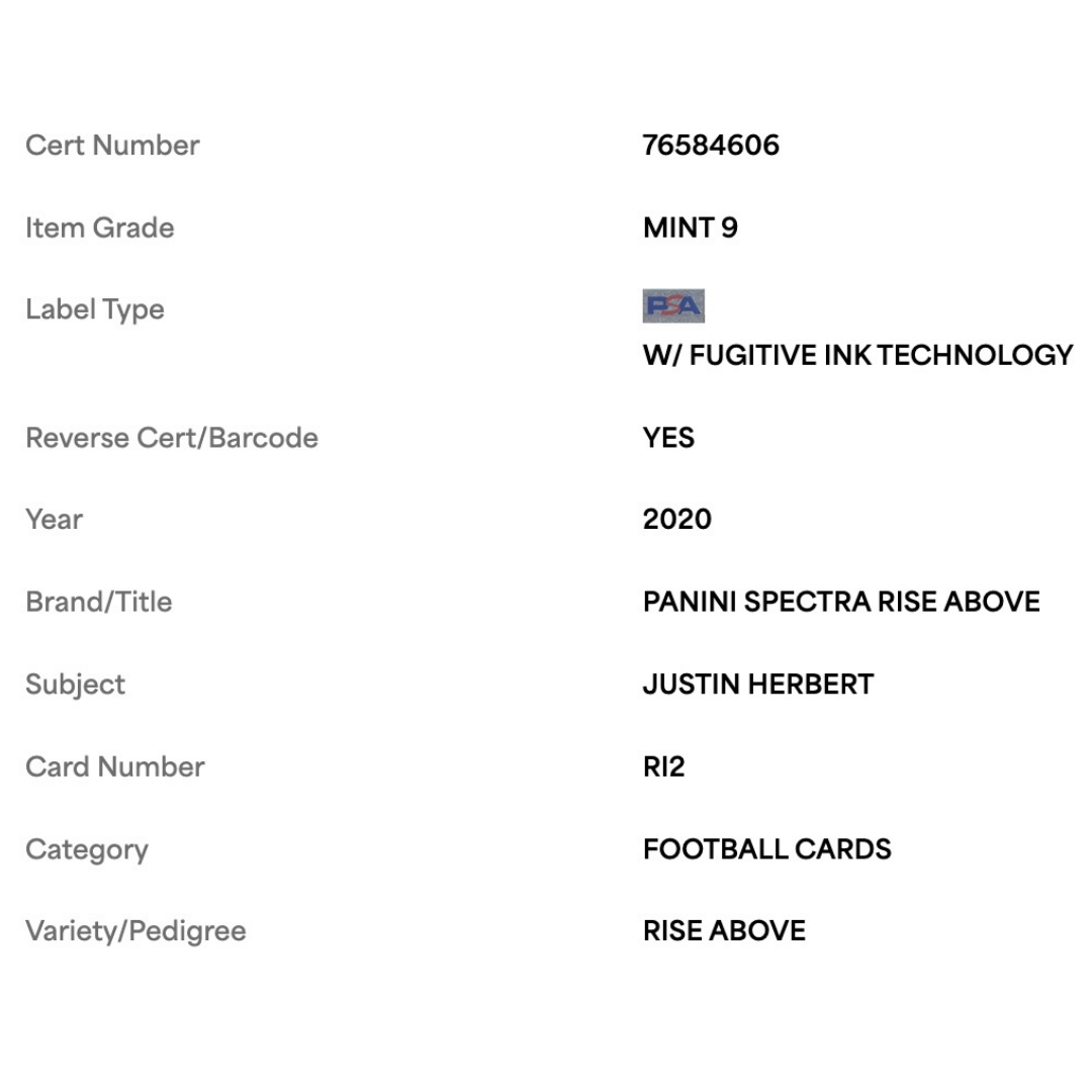 Justin Herbert PSA 9 2020 Panini Spectra Rise Above #d/75 Card #RI2