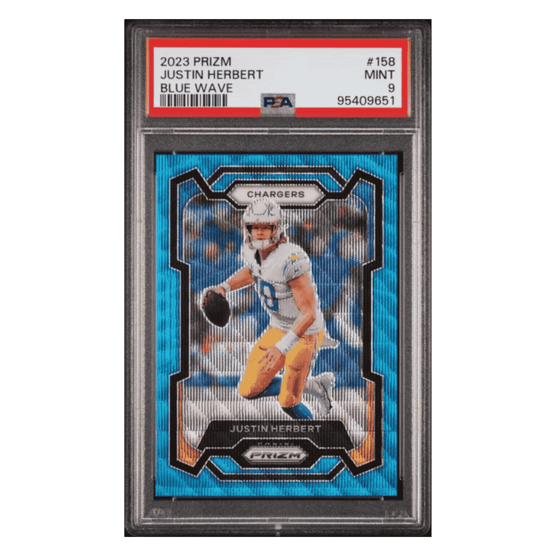 Justin Herbert PSA 9 2023 Panini Prizm Blue Wave #d/ 199 Card #158