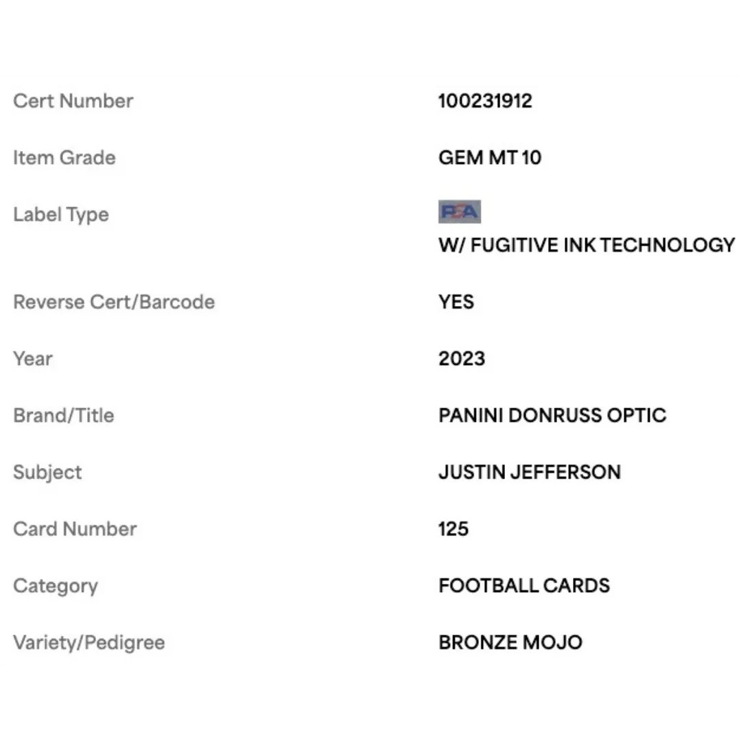 Justin Jefferson PSA 10 2023 Panini Donruss Optic Bronze Mojo #35/ 35 Card #125