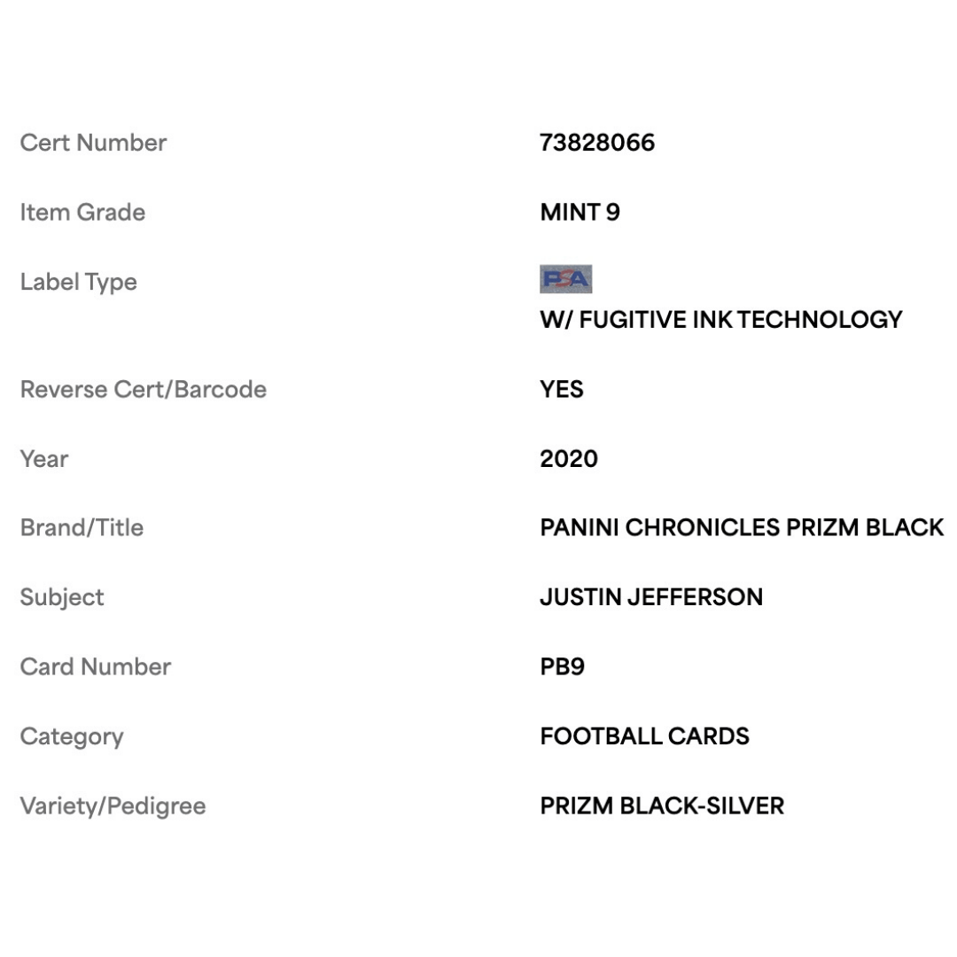Justin Jefferson PSA 9 2020 Panini Chronicles Prizm Black Silver Rookie RC Card #PB9