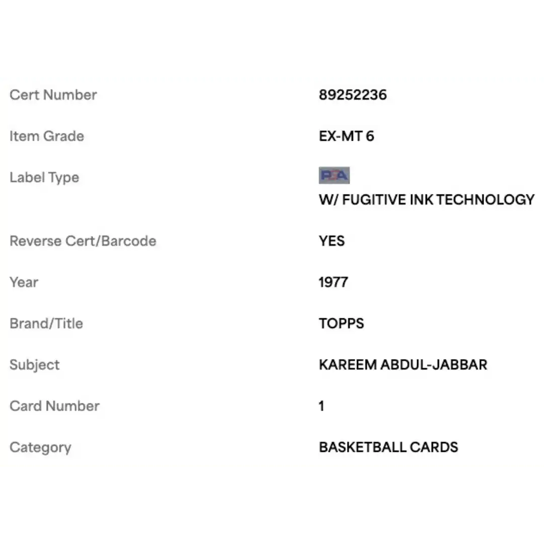 Kareem Abdul-Jabbar PSA 6 1977 Topps Card #1
