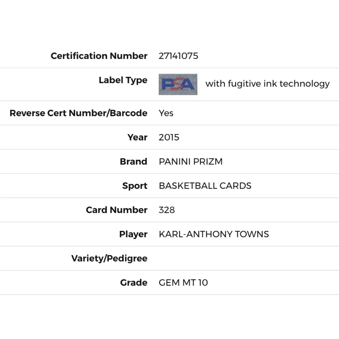 Karl-Anthony Towns PSA 10 2015 Panini Prizm Rookie RC Card #328