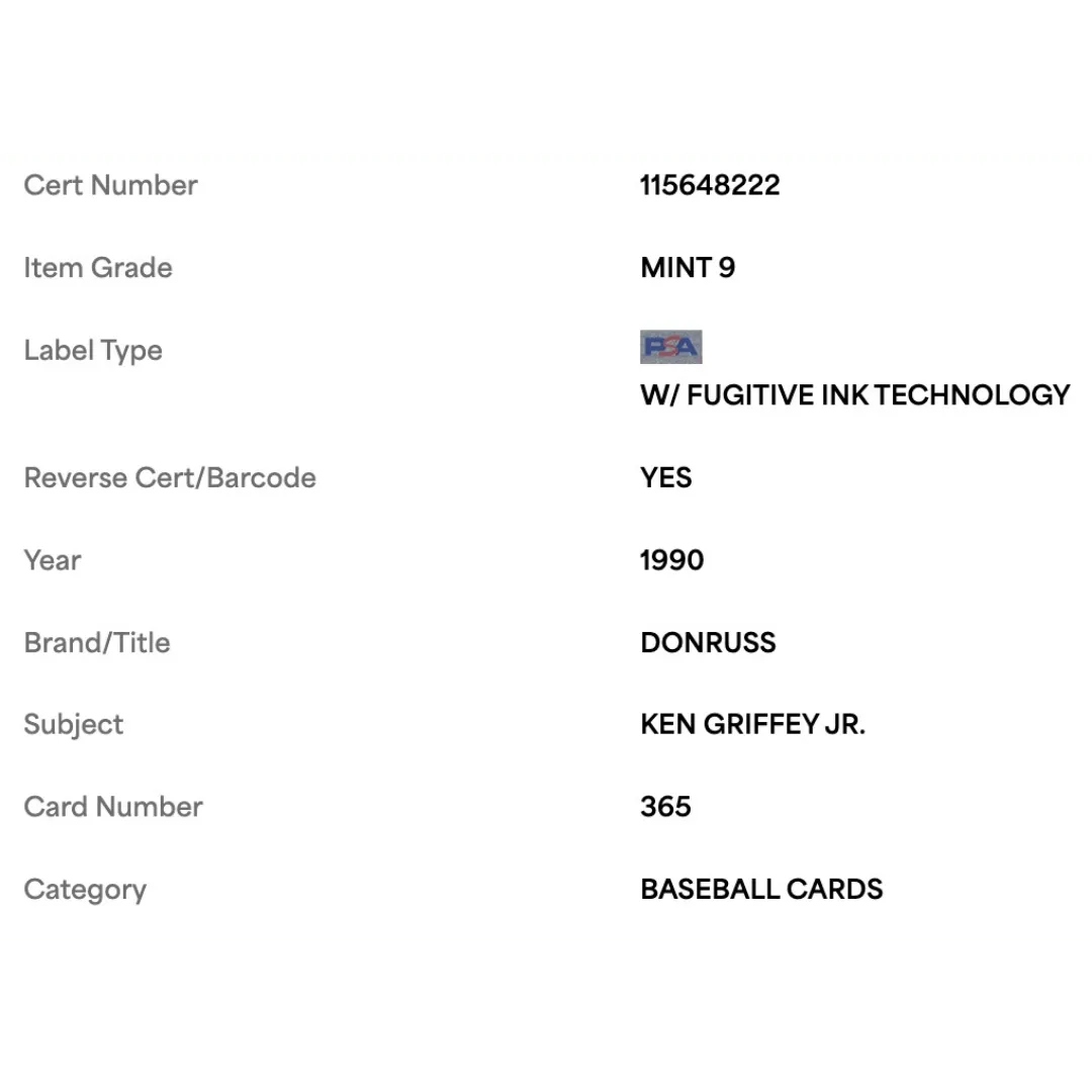 Ken Griffey Jr PSA 9 1990 Donruss Card #365