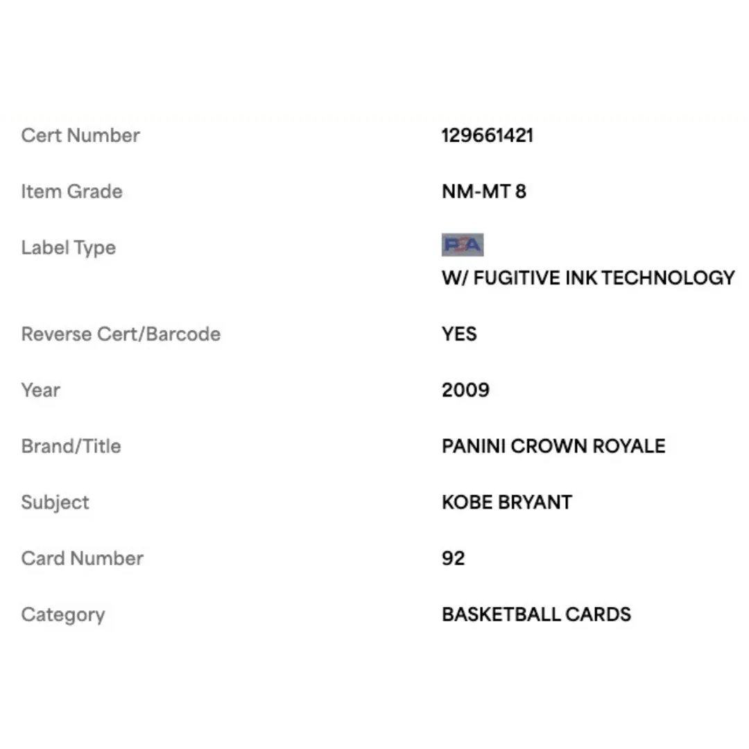 Kobe Bryant PSA 8 2009 Panini Crown Royale Card #92