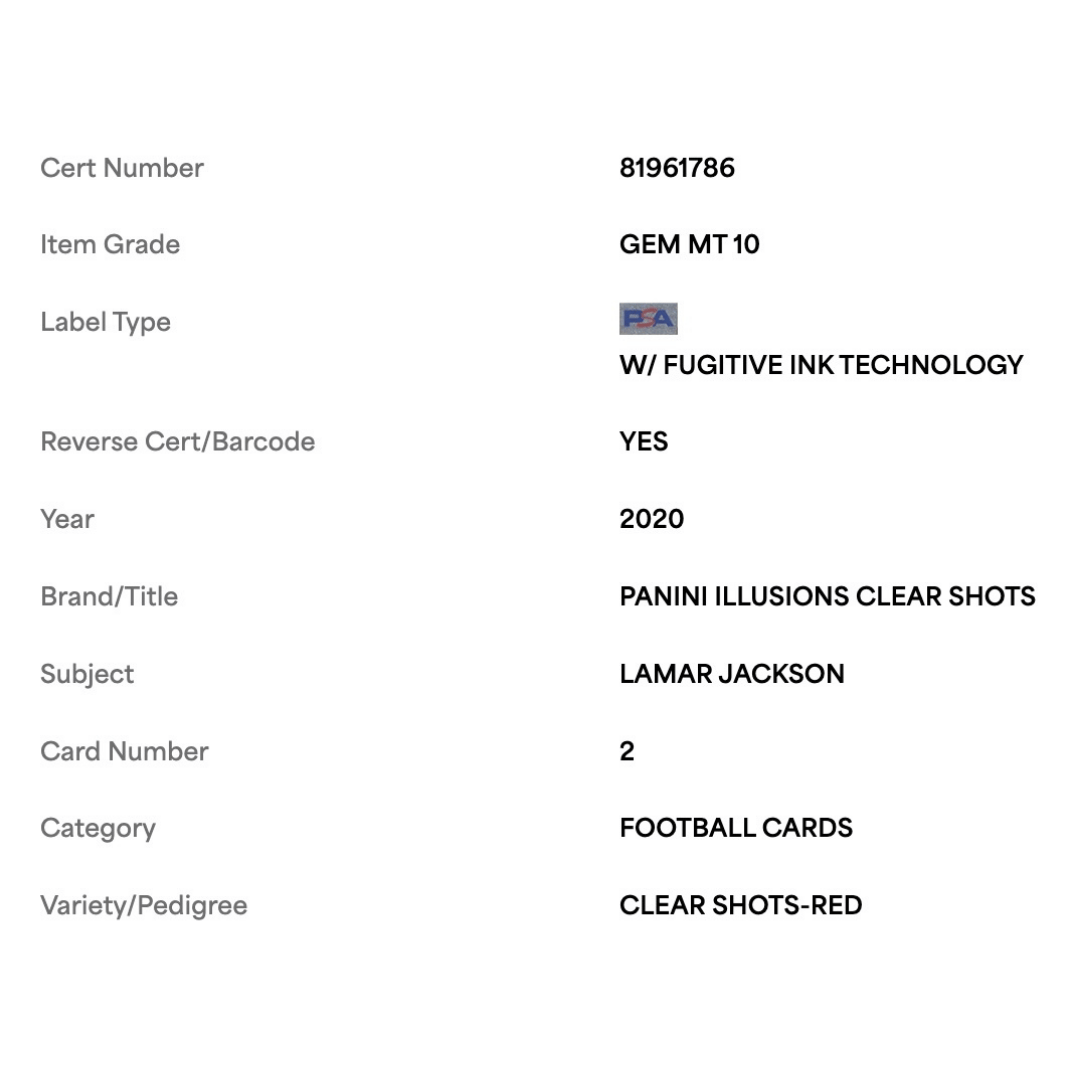 Lamar Jackson PSA 10 2020 Panini Illusions Clear Shots Red #d/149 Card #2