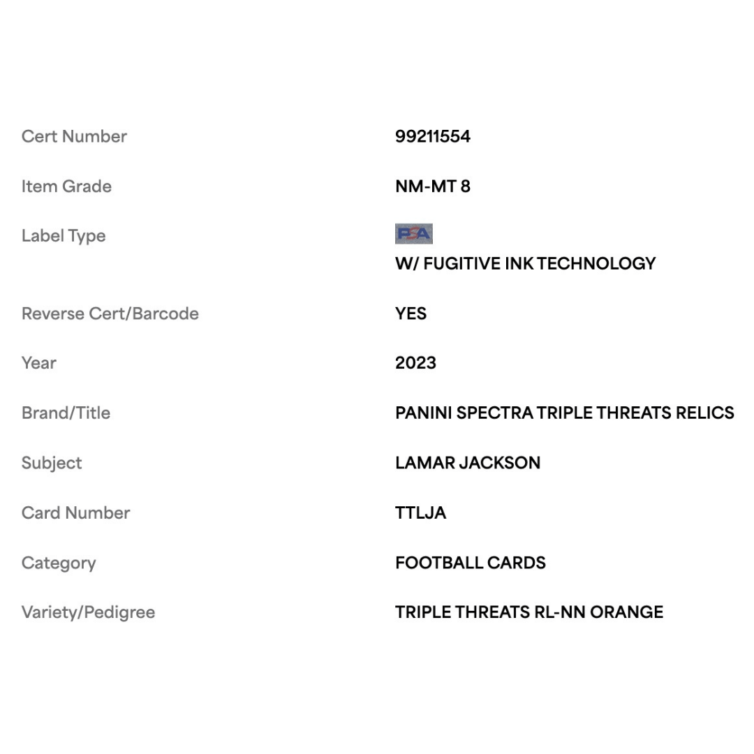 Lamar Jackson PSA 8 2023 Panini Spectra Triple Threats Relics Patch NN Orange #1/10 Card #TTLJA