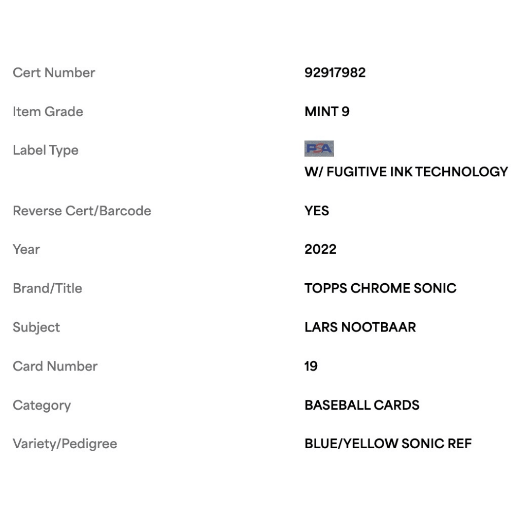 Lars Nootbaar PSA 9 2022 Topps Chrome Sonic Blue Yellow Sonic Refractor Rookie RC #d /75 Card #19