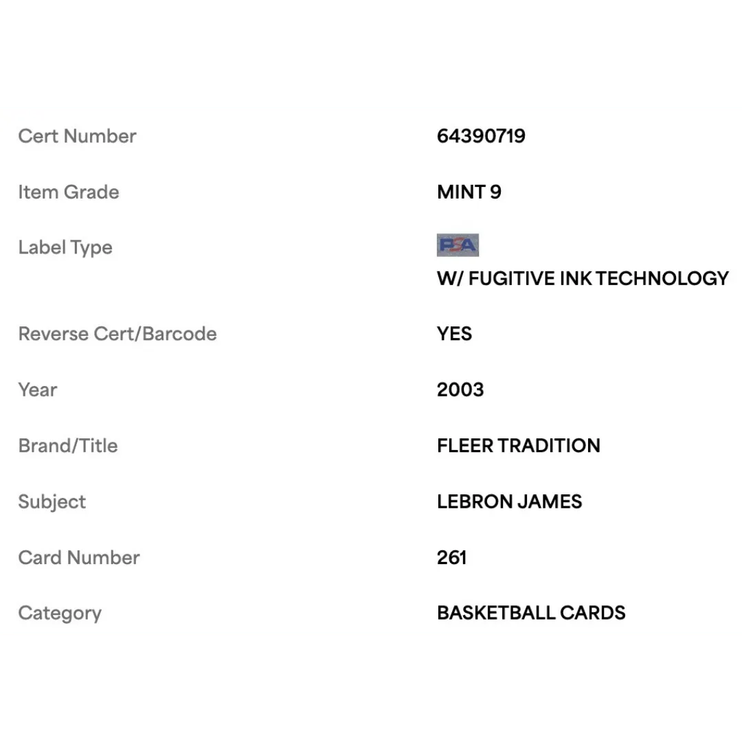 LeBron James PSA 9 2003 Fleer Tradition RC Card #261