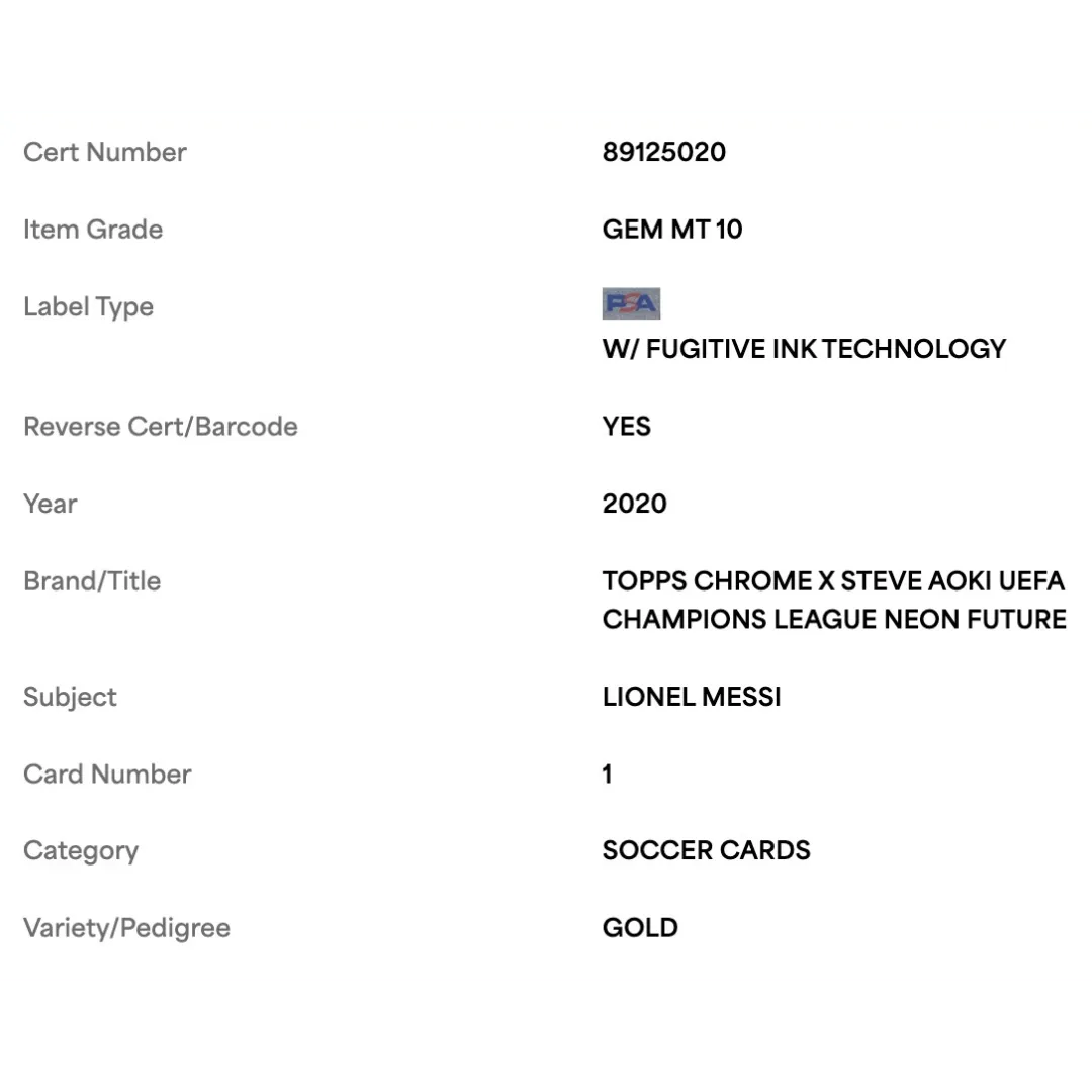 Lionel Messi PSA 10 2020 Topps Chrome x Steve Aoki UEFA Champions League Neon Future Gold #d/ 50 Card #1