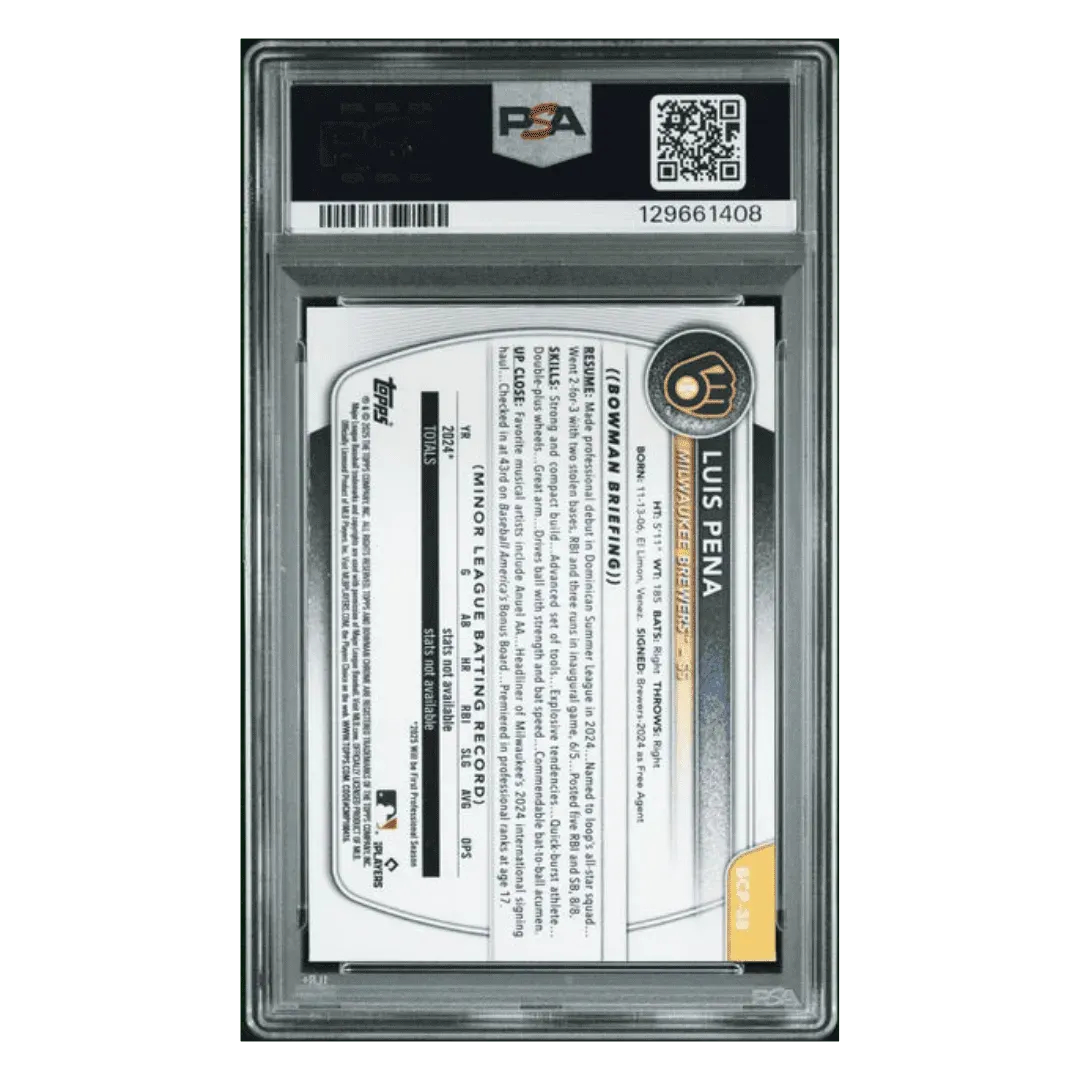 Luis Pena PSA 10 2025 Topps Bowman Chrome Prospects Reptilian Refractor Card #BCP38