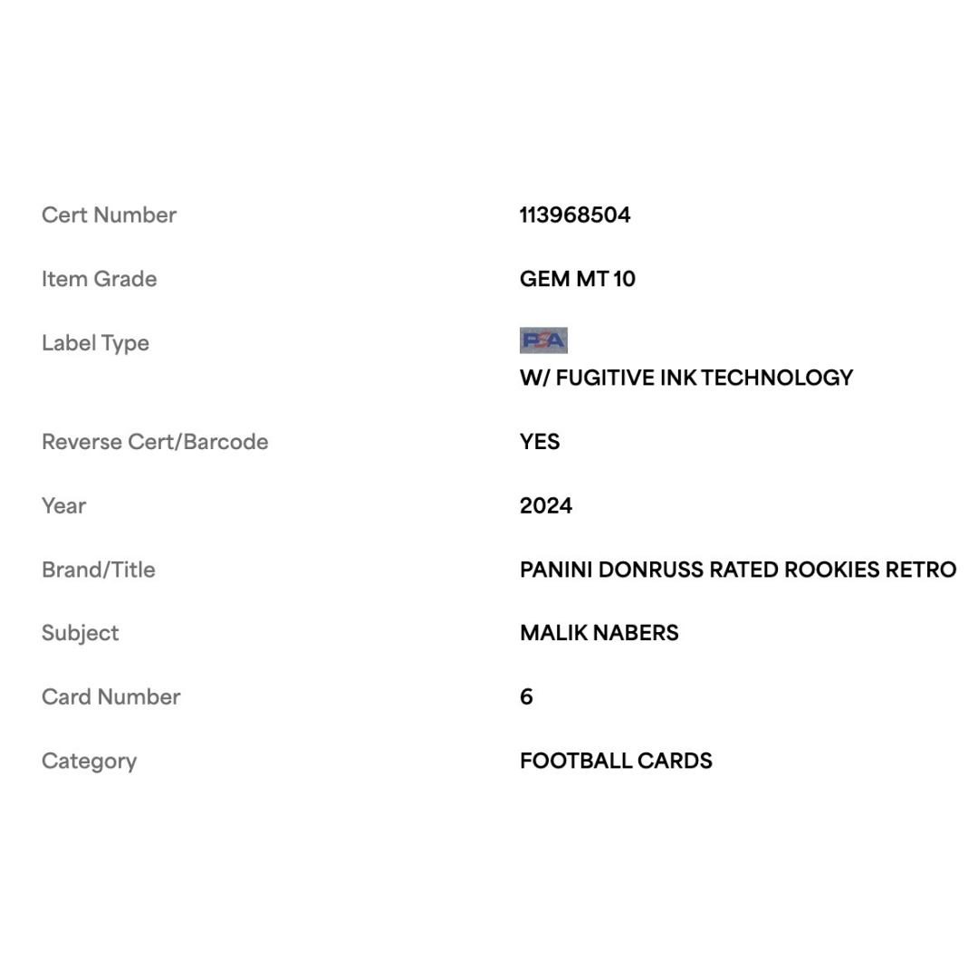 Malik Nabers PSA 10 2024 Panini Donruss Rated Rookie Retro Card #6