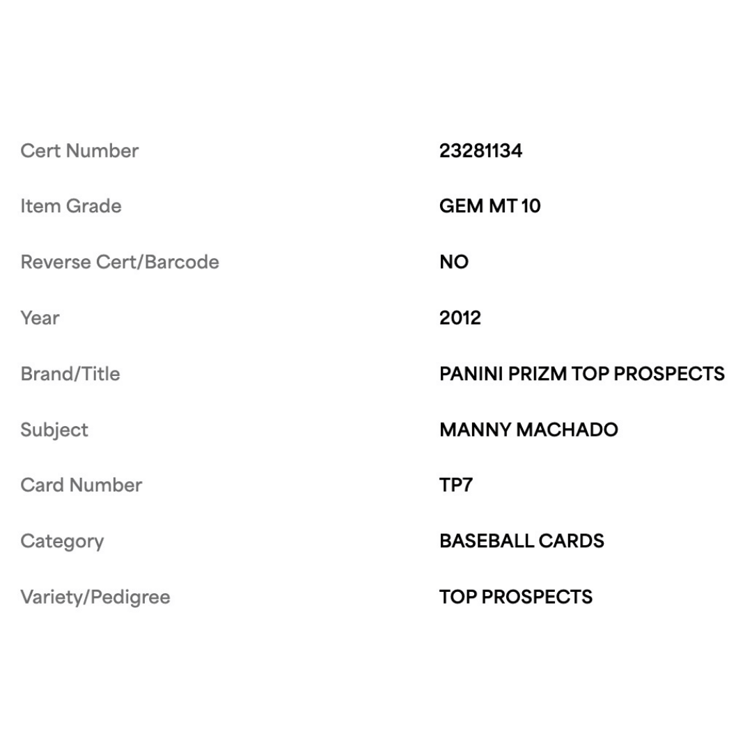 Manny Machado PSA 10 2012 Panini Prizm Top Prospects Card #TP7
