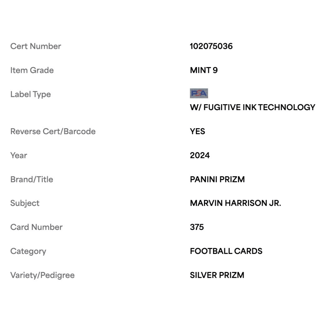 Marvin Harrison Jr PSA 9 2024 Panini Prizm Silver Card #375