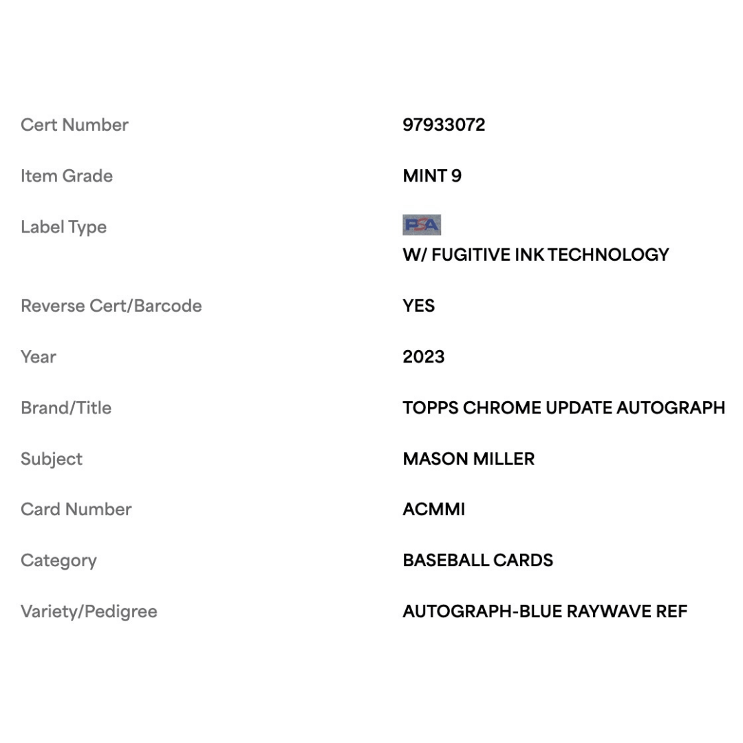 Mason Miller PSA 9 2023 Topps Chrome Update Autograph Blue Raywave Refractor #d/150 Card #ACMMI
