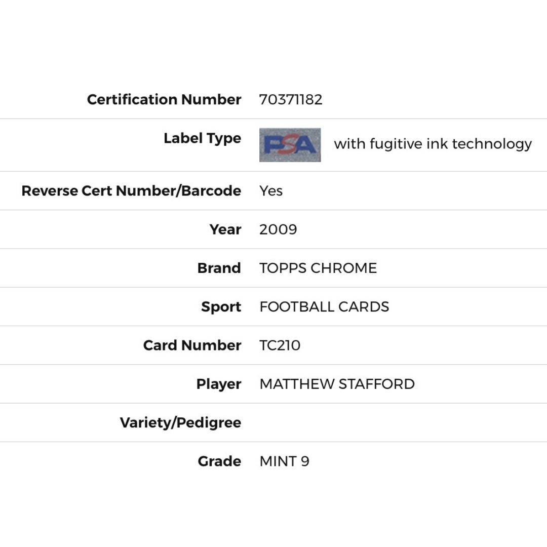 Matthew Stafford PSA 9 2009 Topps Chrome Card #TC210
