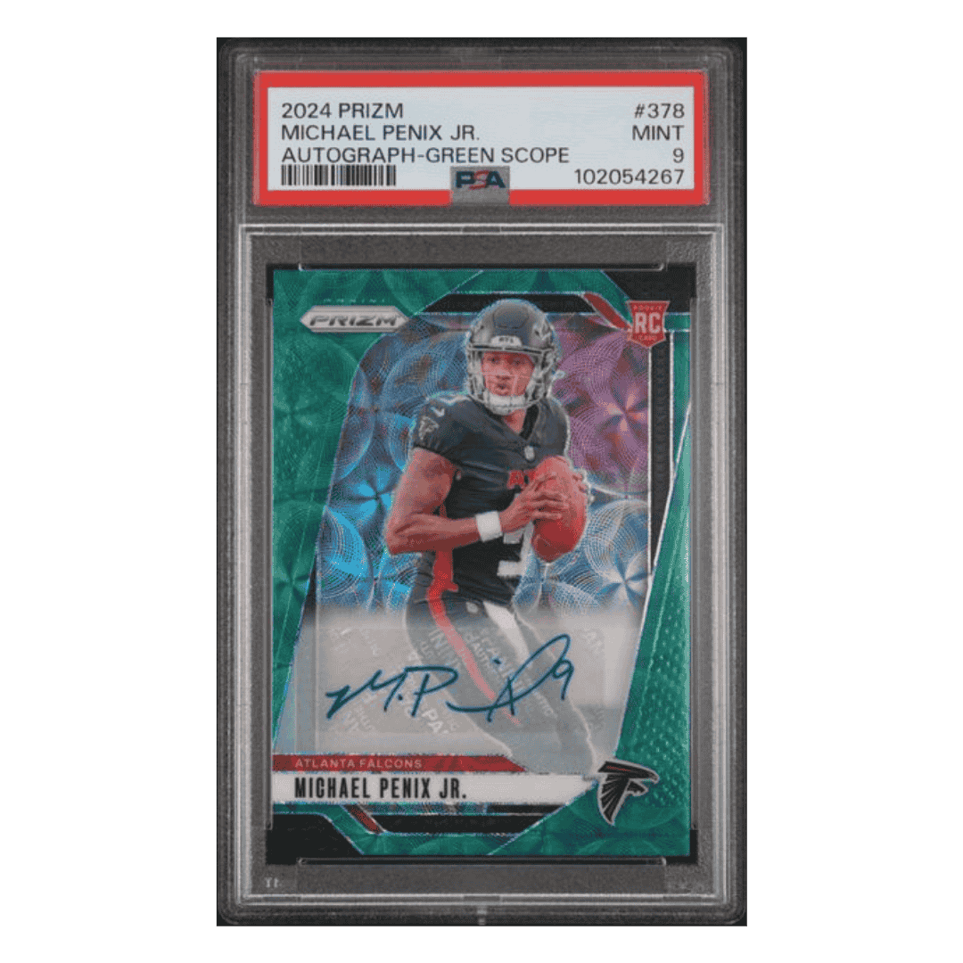 Michael Penix Jr PSA 9 2024 Panini Prizm Autograph Green Scope Rookie RC #d/75 Card #378