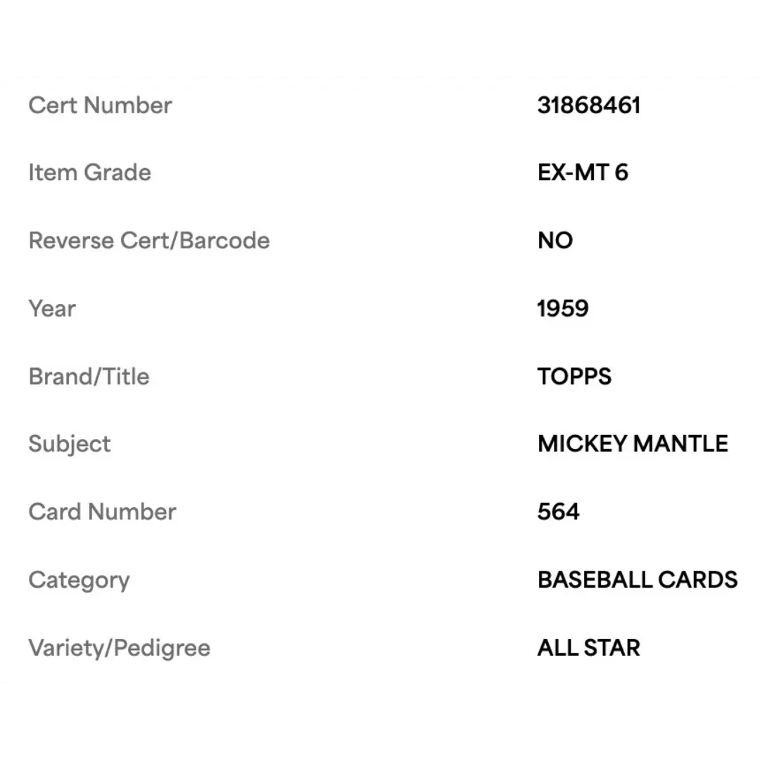 Mickey Mantle PSA 6 1959 Topps All Star Card #564