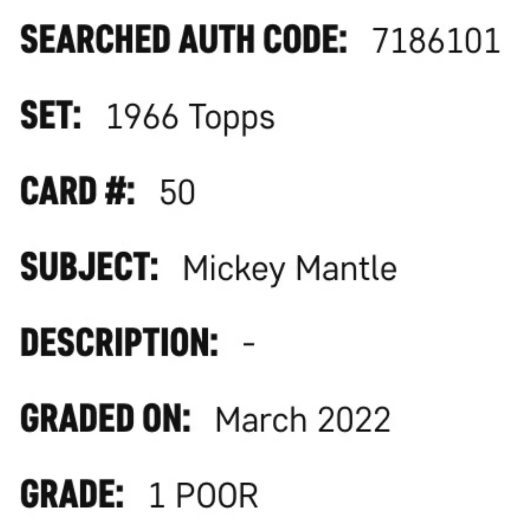 Mickey Mantle SGC 1 1966 Topps Card #50
