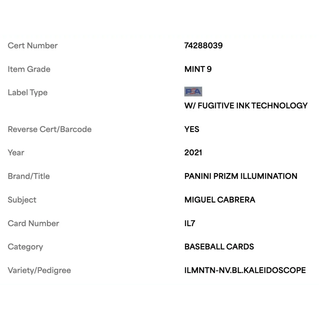 Miguel Cabrera PSA 9 2021 Panini Prizm Illumination Navy Black Kaleidoscope #d/ 35 Card #IL7