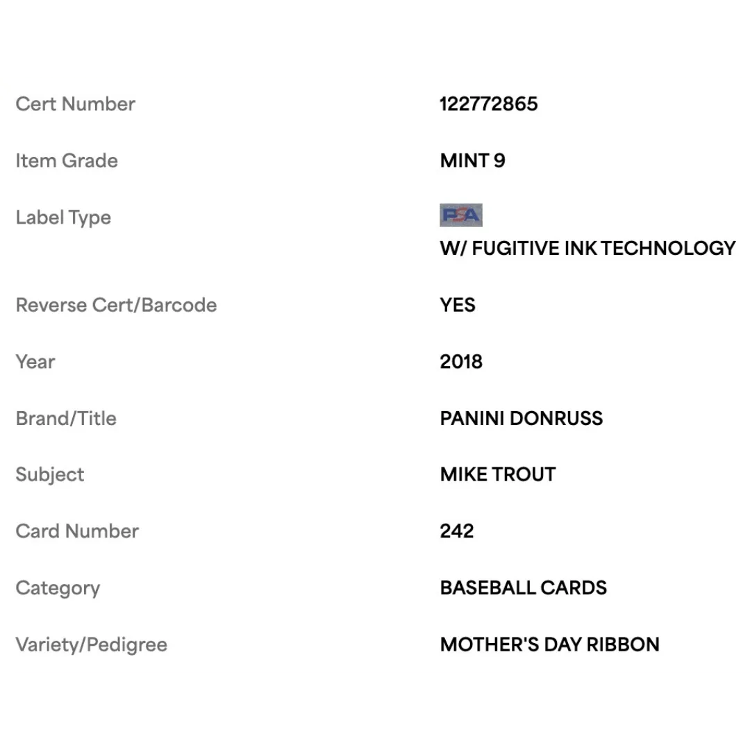 Mike Trout PSA 9 2018 Panini Donruss Mother's Day RIbbon #d/ 25 Card #242