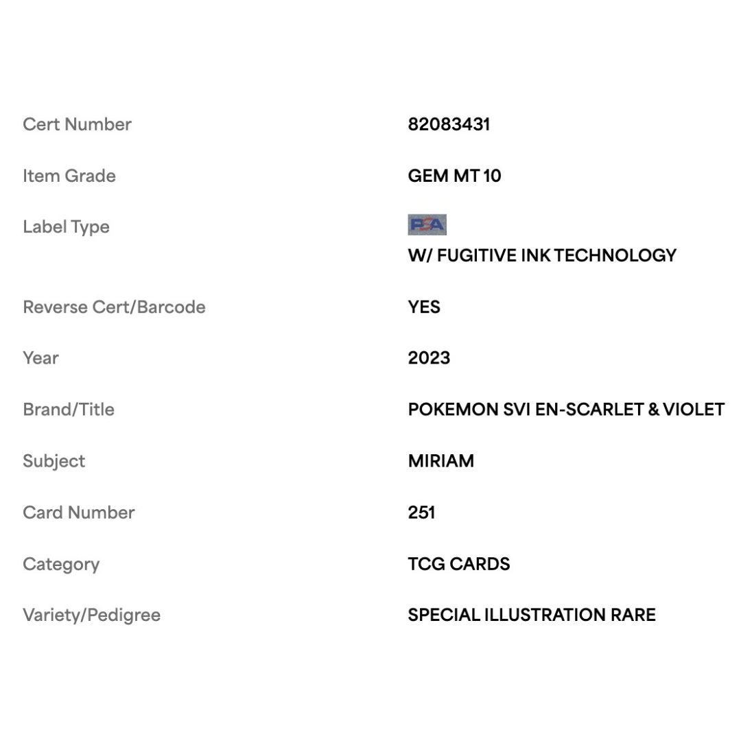 Miriam PSA 10 2023 Pokemon Scarlet & Violet Special Illustration Rare Card #251